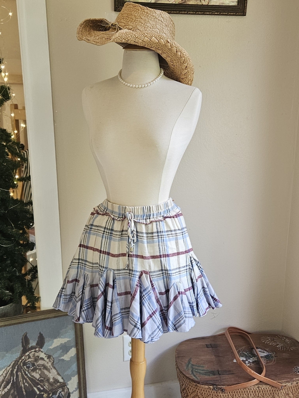 Plaid Drawstring Circle Skirt in Light Blue and Burgundy